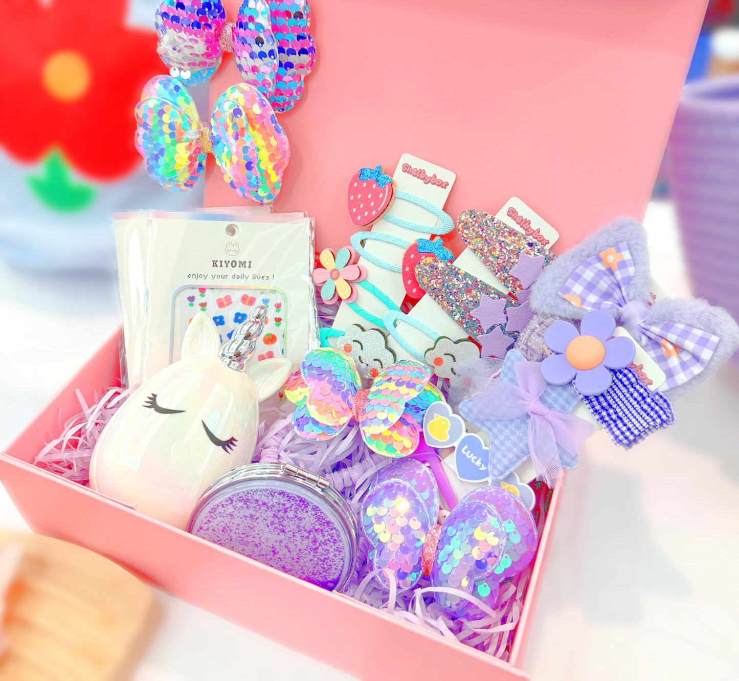 Hair Accessories Gift Set for Kids Purple Hair Clips Barrettes Ponytail Ties Bows Headbands with Mirror Unicorn Comb Gift Box for Daughter Teens Childs Little Girls