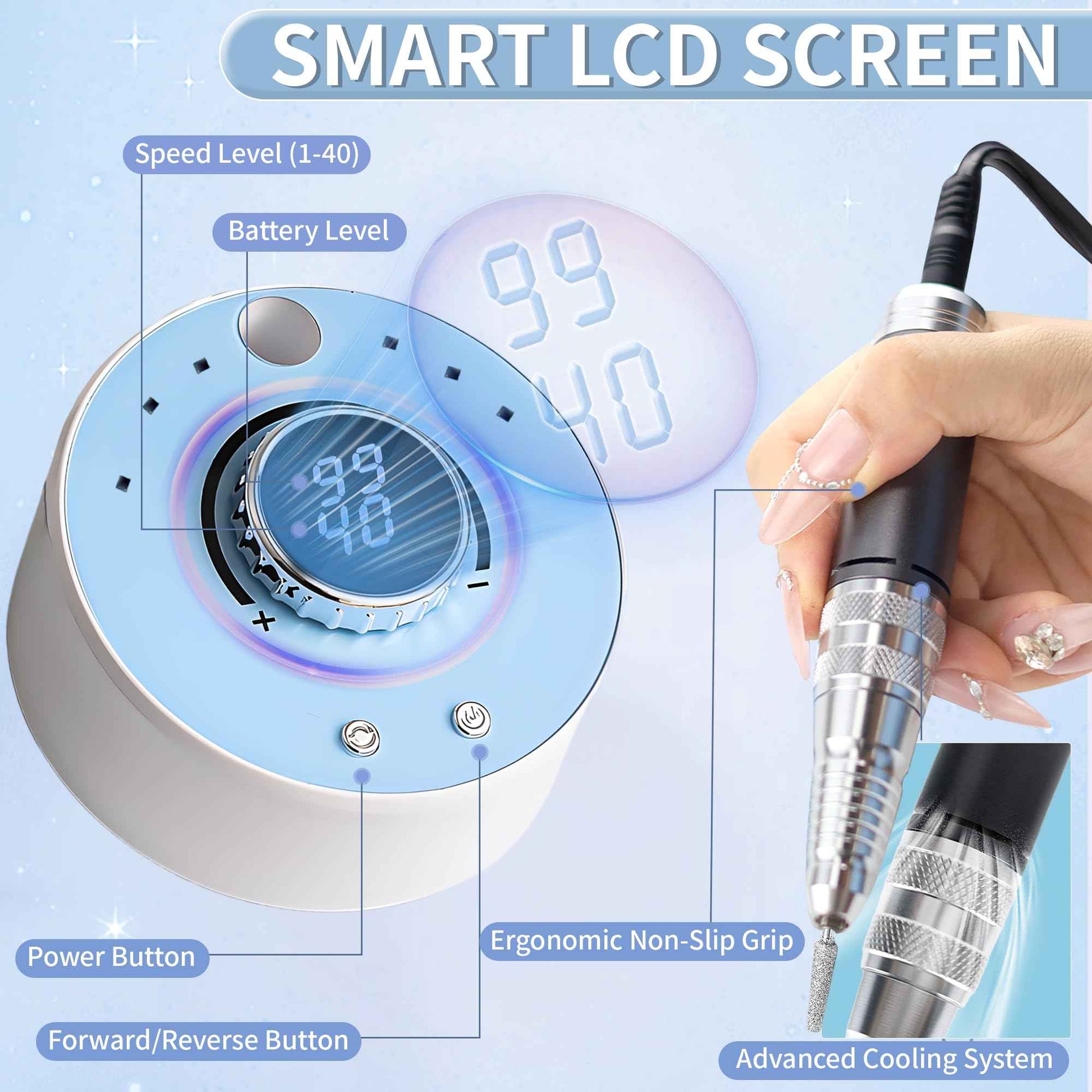 Electric Nail Drill Kit Professional 40000 RPM Nail Grinder, Rechargeable Ultra Power with 12 Pro Salon-Grade Bits for Acrylic Nails Remove, for Salon & Home