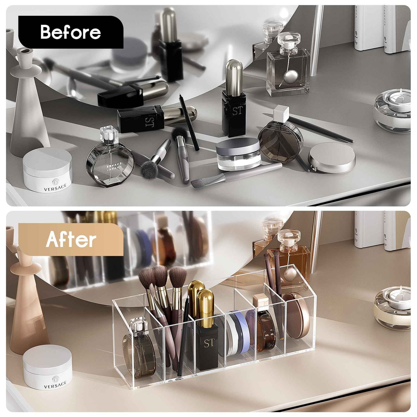 Acina 2PCS Clear Makeup Brush Holder Organizer Acrylic 3-Slots Cosmetic Brushes Storage Organizer for Vanity Countertop