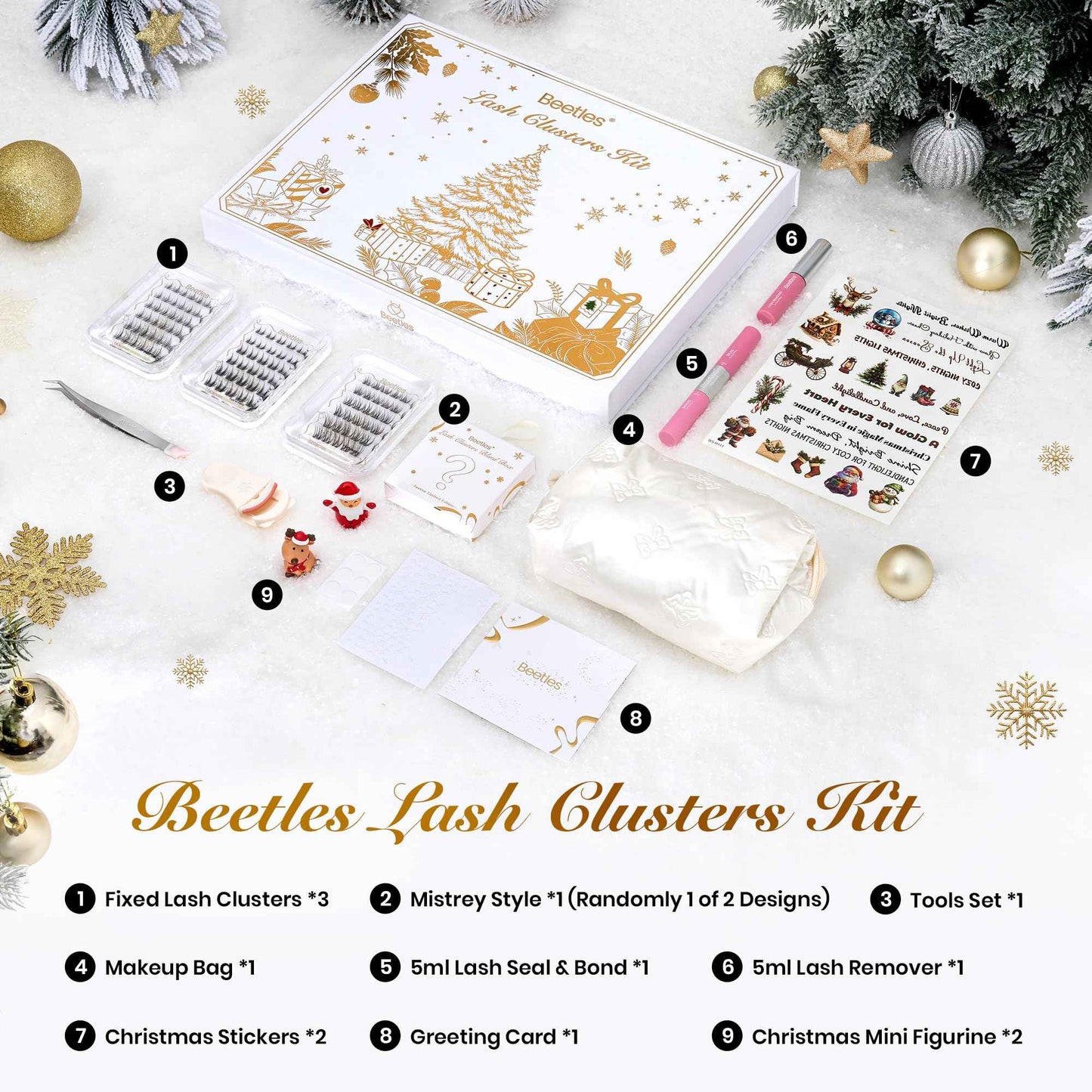 Beetles Christmas Lash Clusters Kit – DIY Eyelash Clusters Gift Set with Bond & Seal, Remover, Stickers & Makeup Bag, 3 Styles and 1 Random Holiday Style Lashes Beginner-Friendly Gift for Women
