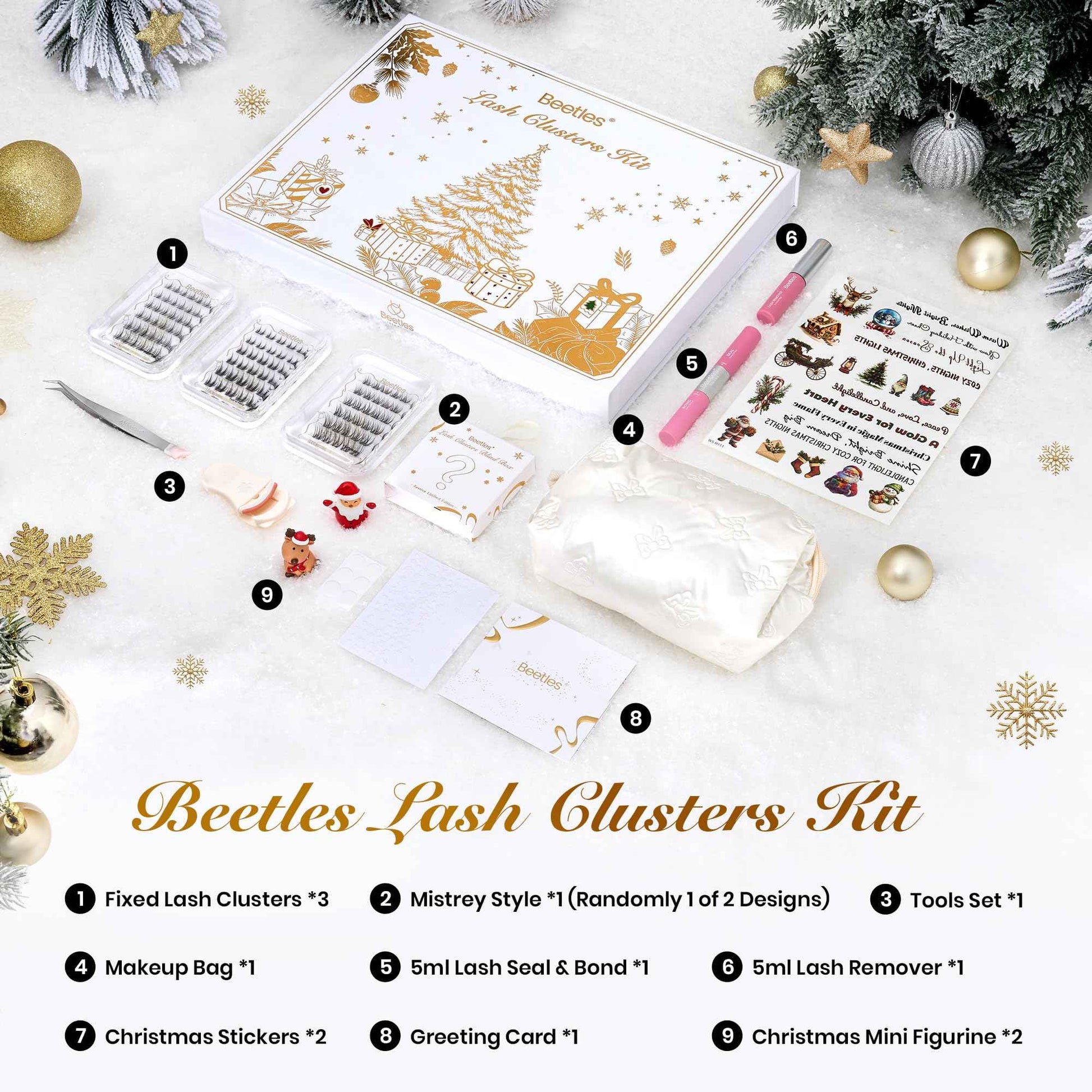 Beetles Christmas Lash Clusters Kit – DIY Eyelash Clusters Gift Set with Bond & Seal, Remover, Stickers & Makeup Bag, 3 Styles and 1 Random Holiday Style Lashes Beginner-Friendly Gift for Women