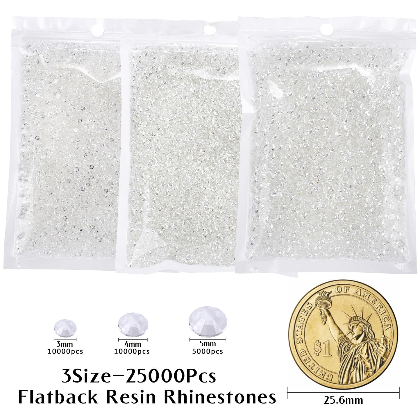 Duflash 25000 Pcs Transparent Resin Flatback Rhinestone, 3 mm 4 mm 5 mm Resin Non Hotfix Rhinestones for Crafts DIY Design, Tumblers, Clothes, Makeup, Nail Art