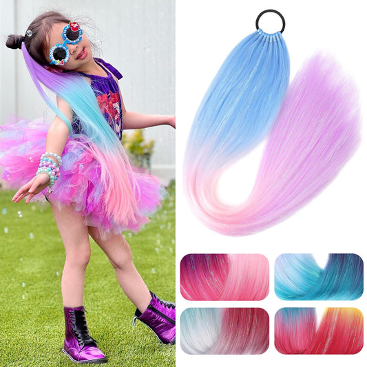 SEIKEA Colored Hair Extensions, 26" 9 Strands Lightweight Colored Hair Extensions for Kids Braid Ponytail Blend Hair Tinsel with Hair Tie, Ombre Crazy Hair Day Accessories Blue/Pink/Light Purple