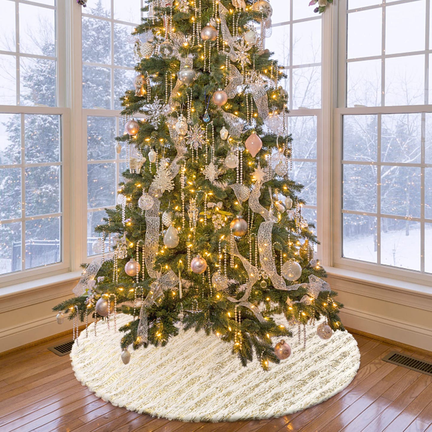 Alynsehom Christmas Tree Skirt, Large White&Gold Bronzing Luxury Faux Fur Tree Skirt Soft Thick Plush Xmas Tree Skirt for Family Holiday Christmas Party Tree Decorations(Gold,48inch/122cm)