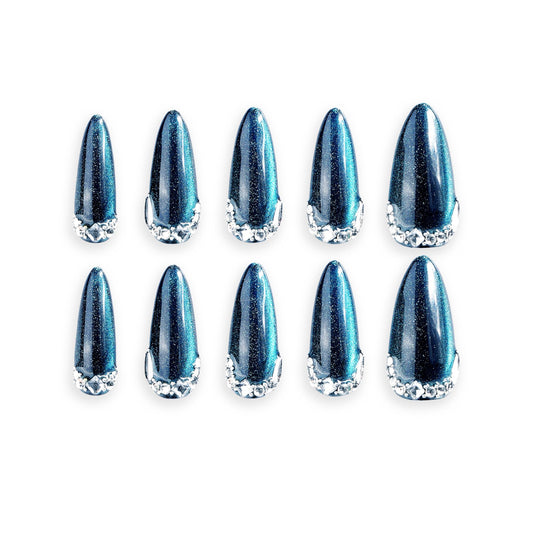 THCEVRLA Handmade Press On NailNails Medium Long Blue Cat Eye Almond Oval Fake Tip 3D Gel Design Art Charms Cute with Storage Box 10 Pcs Women's gift (M, Blue Dreamland)