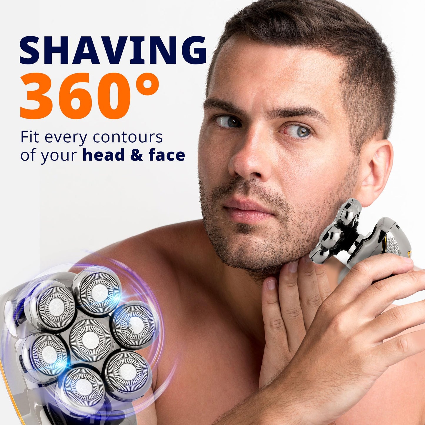 Glamhome & Life Head Shavers for Bald Men - 7D Rotary Electric Shavers for Men 6 in 1 Rechargeable Electric Razor with Nose Hair Trimmer Waterproof Head Shaver