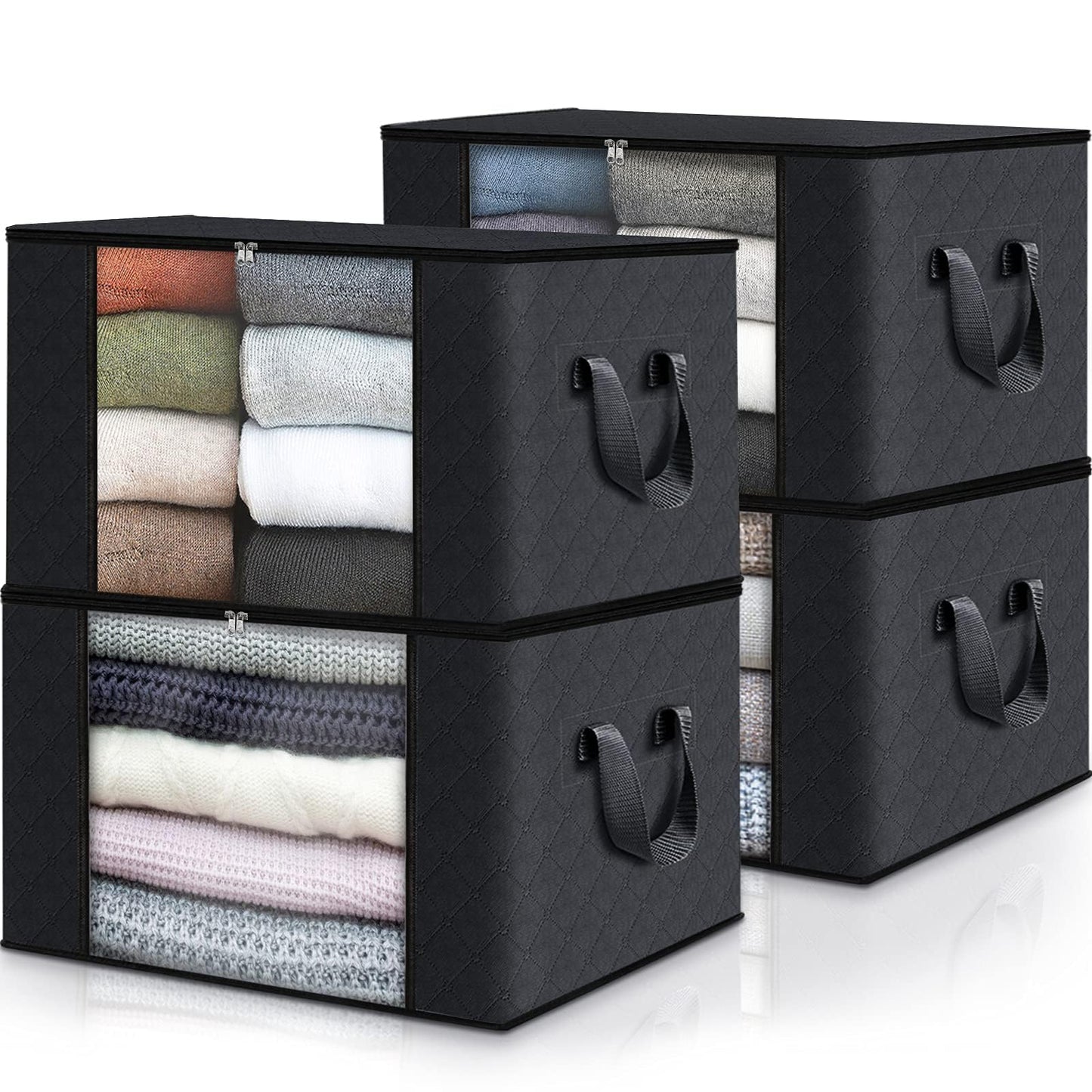 Fab totes 4-Pack Clothes Storage, Foldable Blanket Storage Bags, Storage Containers for Organizing Bedroom, Closet, Clothing, Comforter, Organization and Storage with Lids and Handle, Black