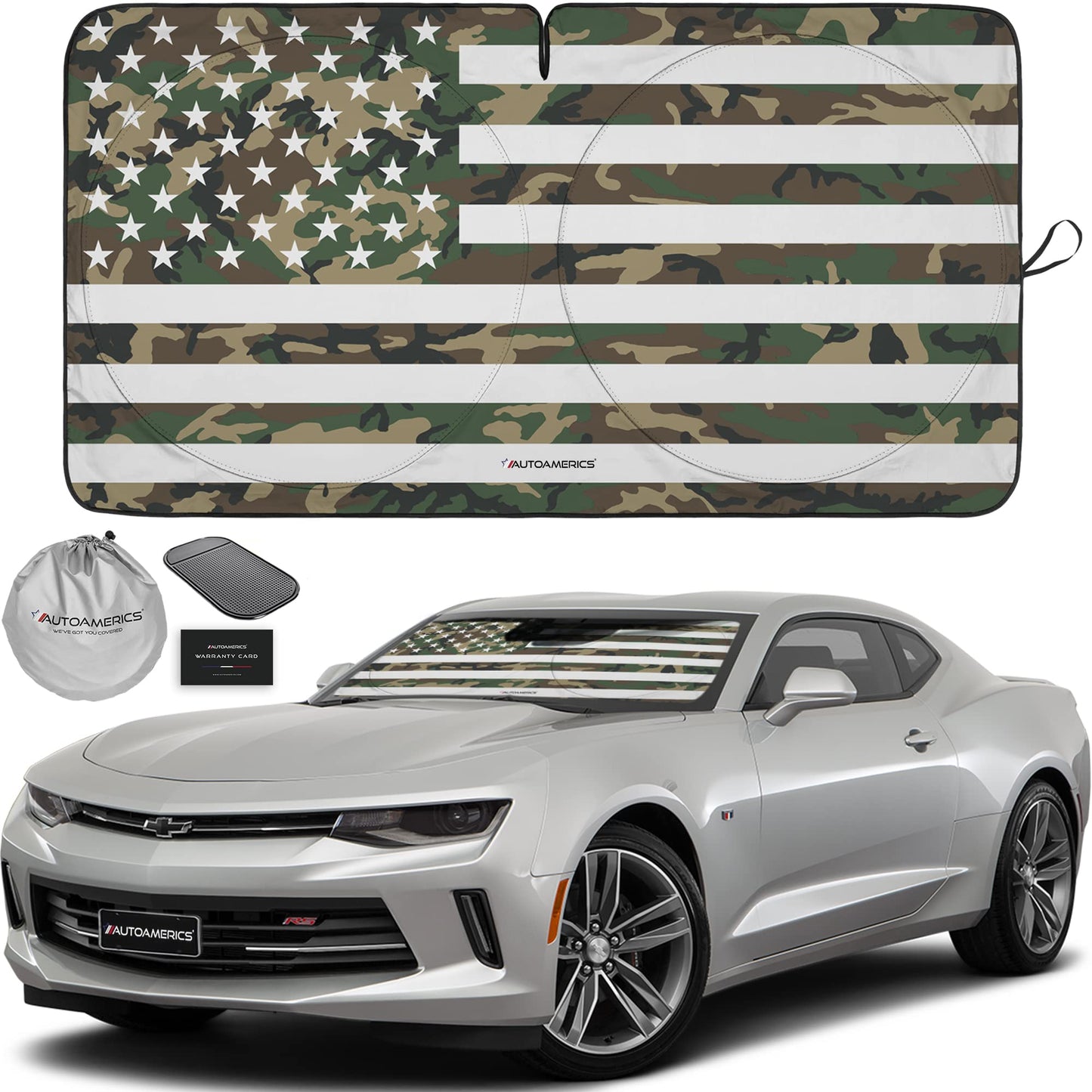 Autoamerics 1-Piece Windshield Sun Shade ERDL Camo American Flag USA Design - Foldable Car Front Window Sunshade for Most Sedans SUV Truck - Blocks Max UV Rays and Keeps Your Vehicle Cool - Small