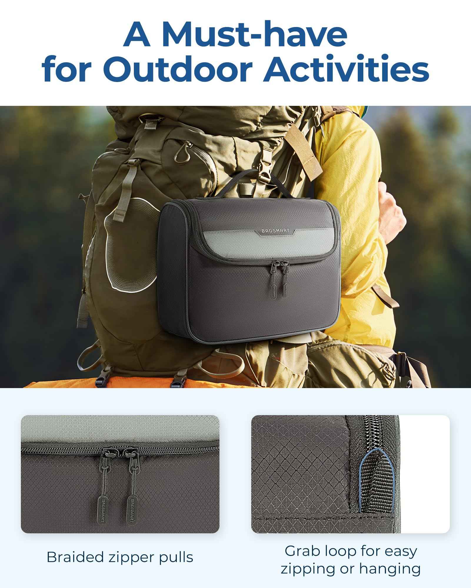 BAGSMART Travel Toiletry Bag for Men, Hanging Toiletry Bag for Mens Traveling, Outdoor Activities, Bathroom Shaving, Travel Essentials Dopp Kit Organizer 360 Swivel Hook Water Resistant, Grey