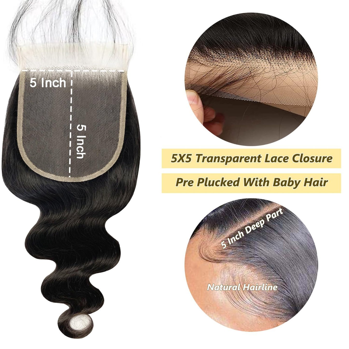 5x5 Transparent HD Lace Closure Body Wave human hair closure 12A Brazilian Virgin Human Hair Closure Free Part 100% Human Hair Extensions Pre Plucked Natural Black (16 Inch)