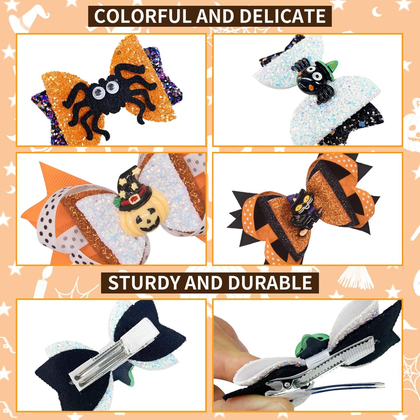 Fimcosy 8 pcs Halloween Hair Clips Glitter Halloween Pumpkin Spider Ghost Hair Clips Halloween Sequin Bow Hair Clips Women Halloween Costumes