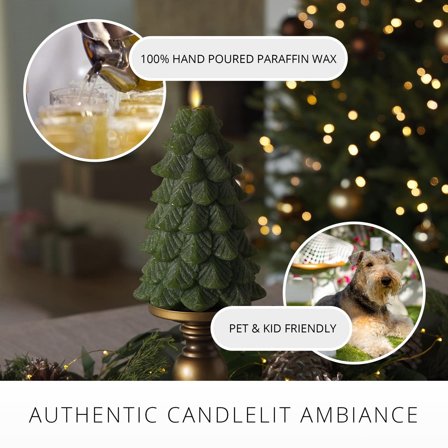 Luminara Flameless Candle Christmas Tree Chalky Finish, Moving Flame Real Wax LED Candle, Timer, Remote Ready, Holiday Decoration (5.35 x 8.5 inch)