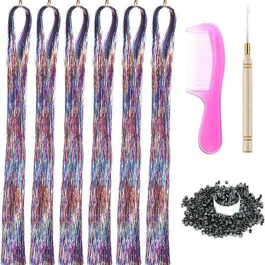 Hair Tinsel Kit with Tools 43 Inch 6 Packs 1200 Strands Tinsel Hair Extensions for Women and Girls Heat Resistant Sparkling Shiny Glitter Hair for Christmas Cosplay Party New Year (43 inch, rainbow 3)