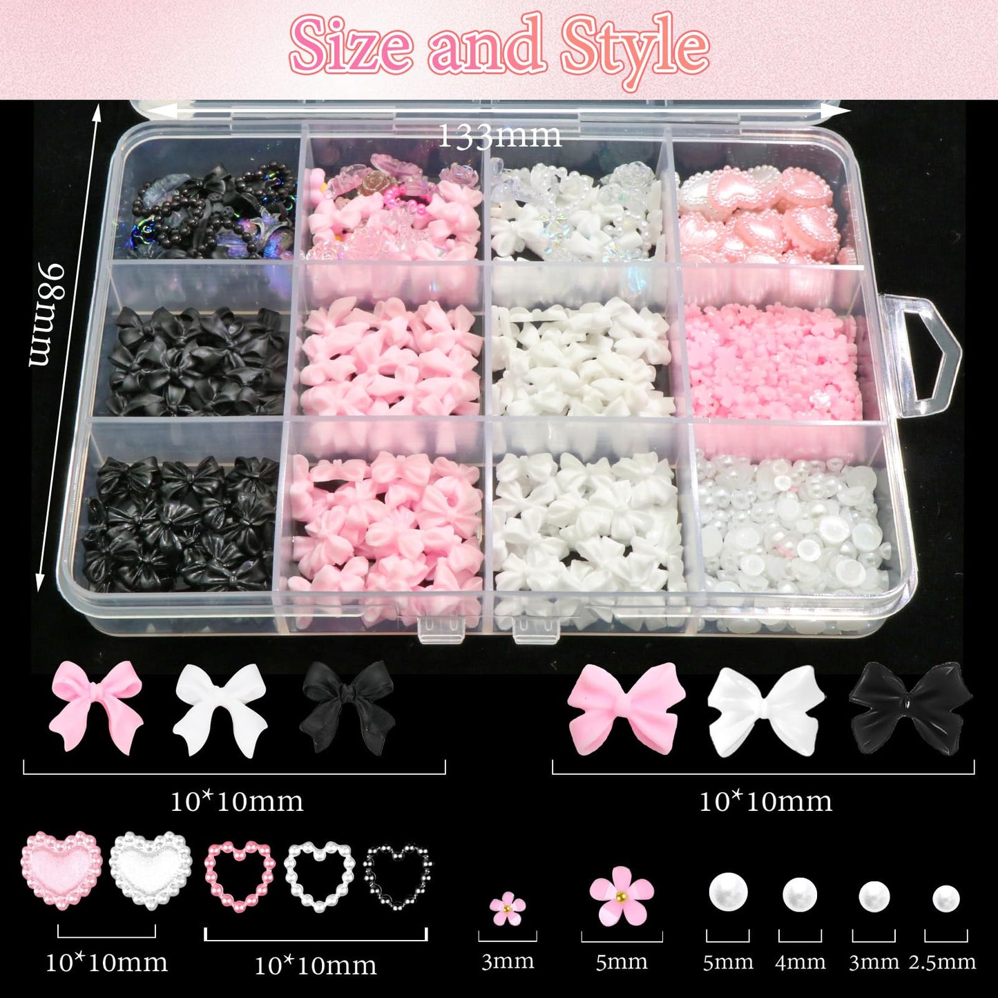 BELICEY 600PCS 3D Nail Charms and Flatback Pearls 3 Colors Bows Nail Art Charms Flower Heart Shaped Nail Charms Cute Kawaii Pretty Nail Beads Charm for Manicure DIY Crafts Jewelry Accessories