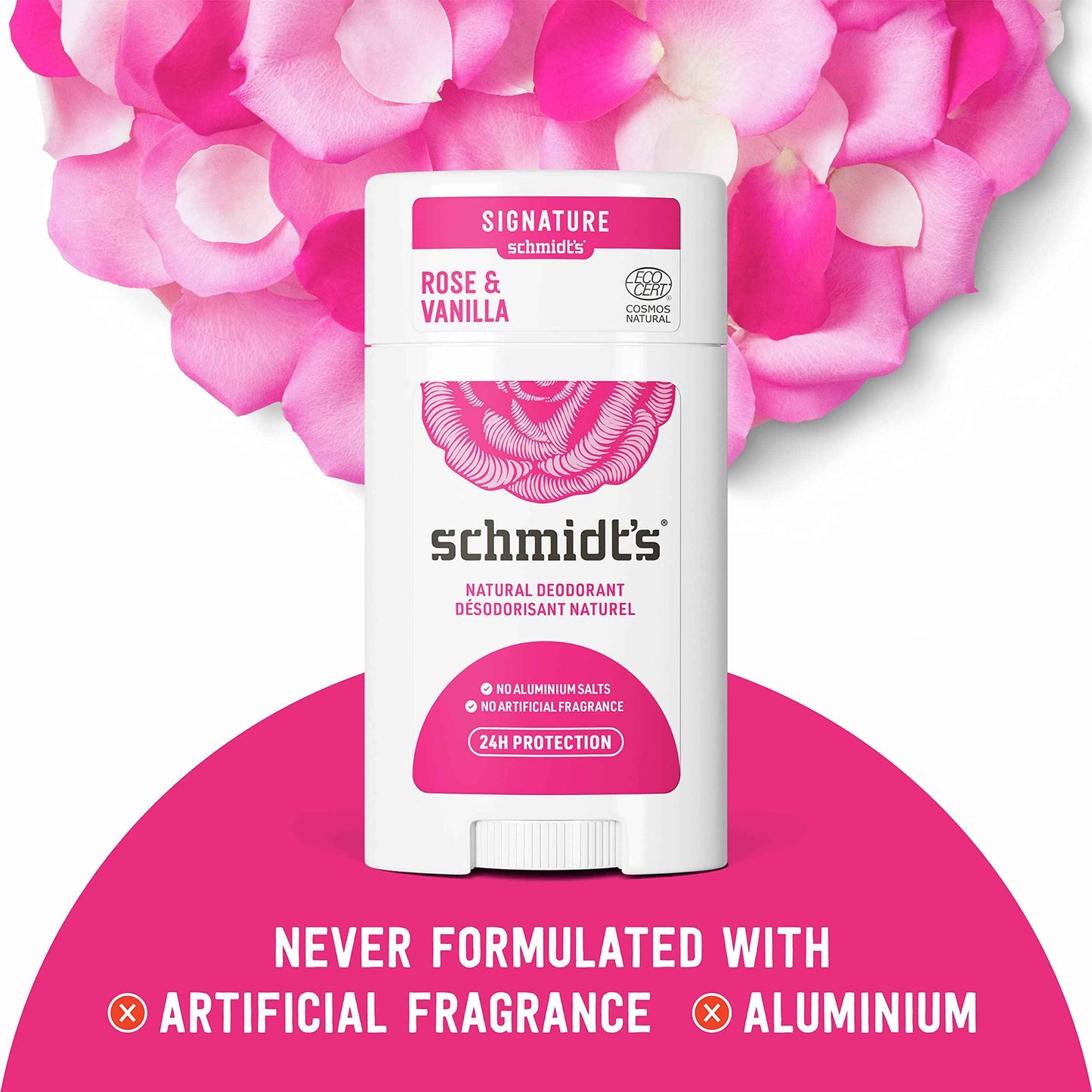 Schmidt's Aluminum Free Natural Deodorant for Women and Men, Rose + Vanilla with 24 Hour Odor Protection, Certified Cruelty Free, Vegan Deodorant, 3.25 Ounce (Pack of 3)