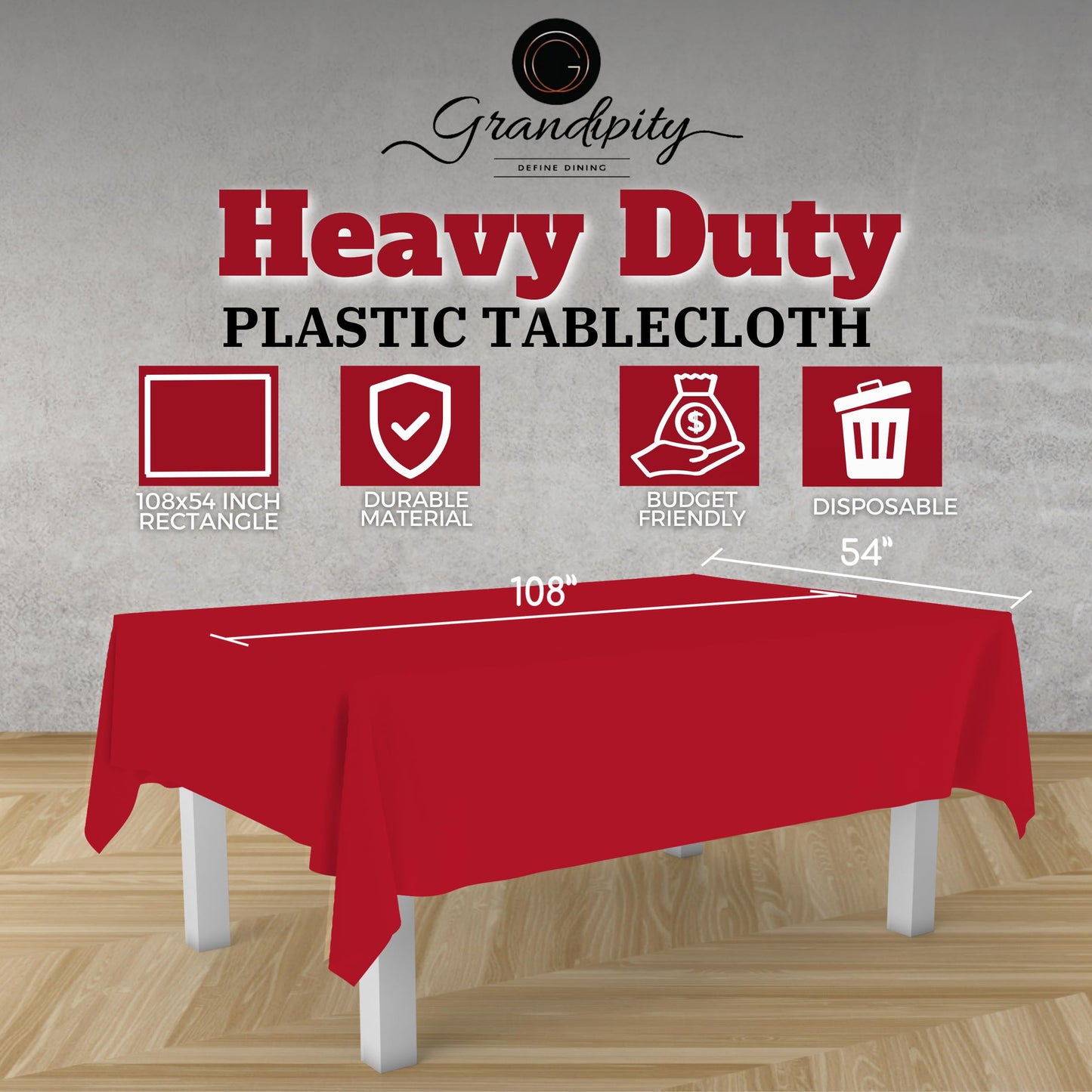 Grandipity Red 12 Pack Premium Disposable Plastic Tablecloth 54 Inch. x 108 Inch. Decorative Rectangle Table Cover