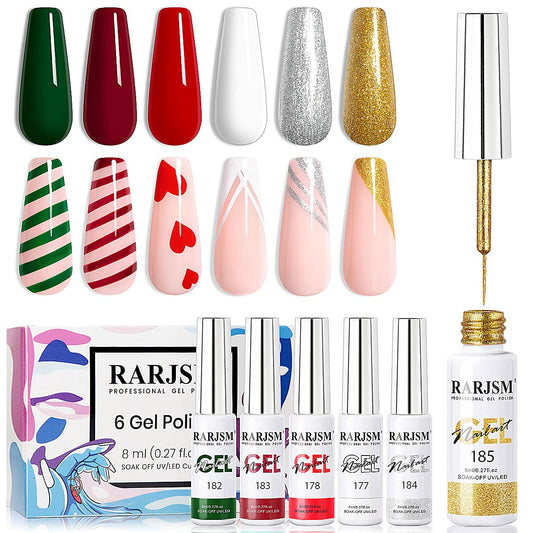 RARJSM Painting Drawing Liner Pen Gel Nail Polish Set,Silver Gold Glitter Dark Green Red White Nail Art Design UV Led Gel Polish Kit,DIY 3D Gel Nail Paint Pull Line Pen Tool for Nail Manicure