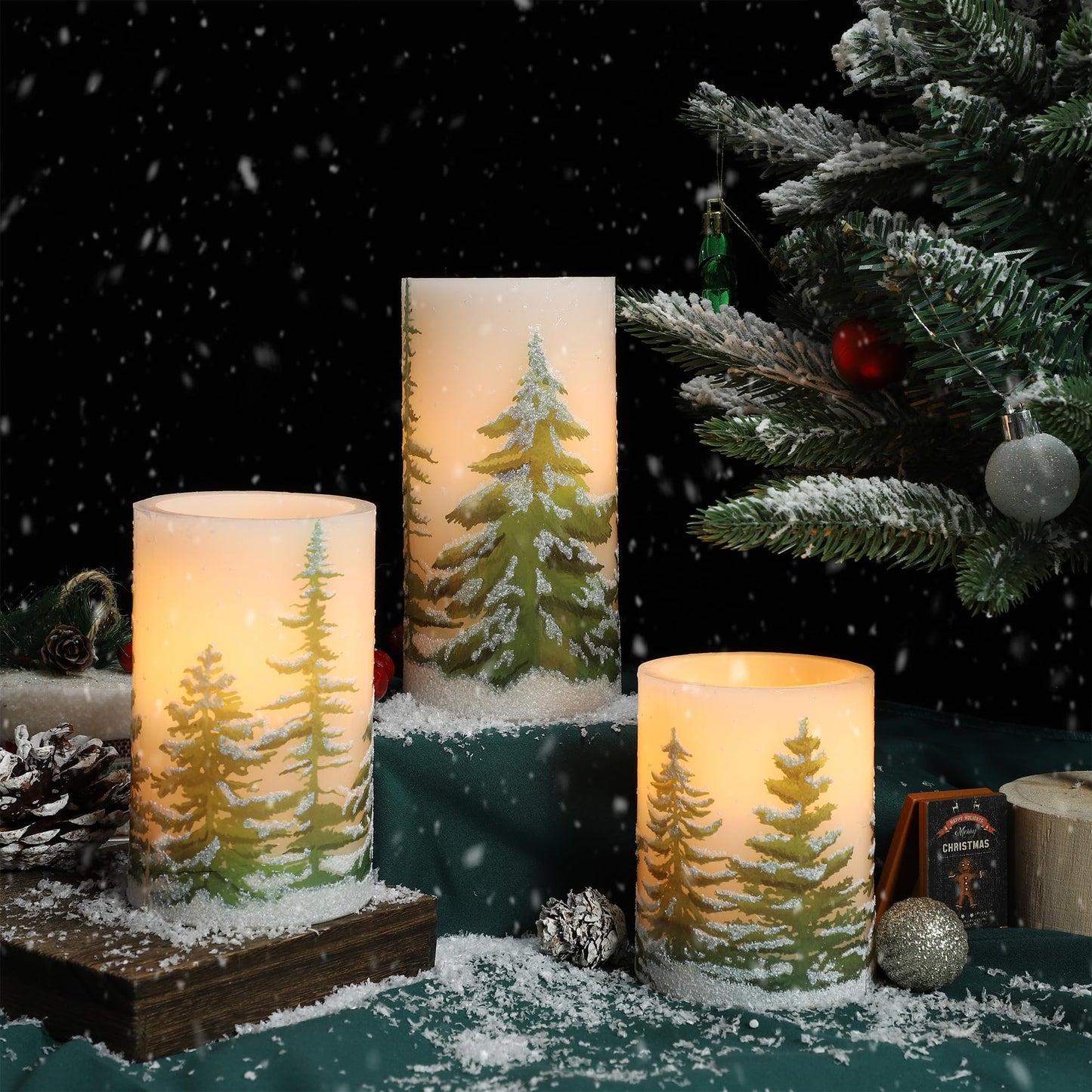 MELTONE Christmas Tree Flameless Candles with Remote Real Wax Flickering Battery Operated Candles - Home Party Fall Holiday Xmas Decorations - Set of 3