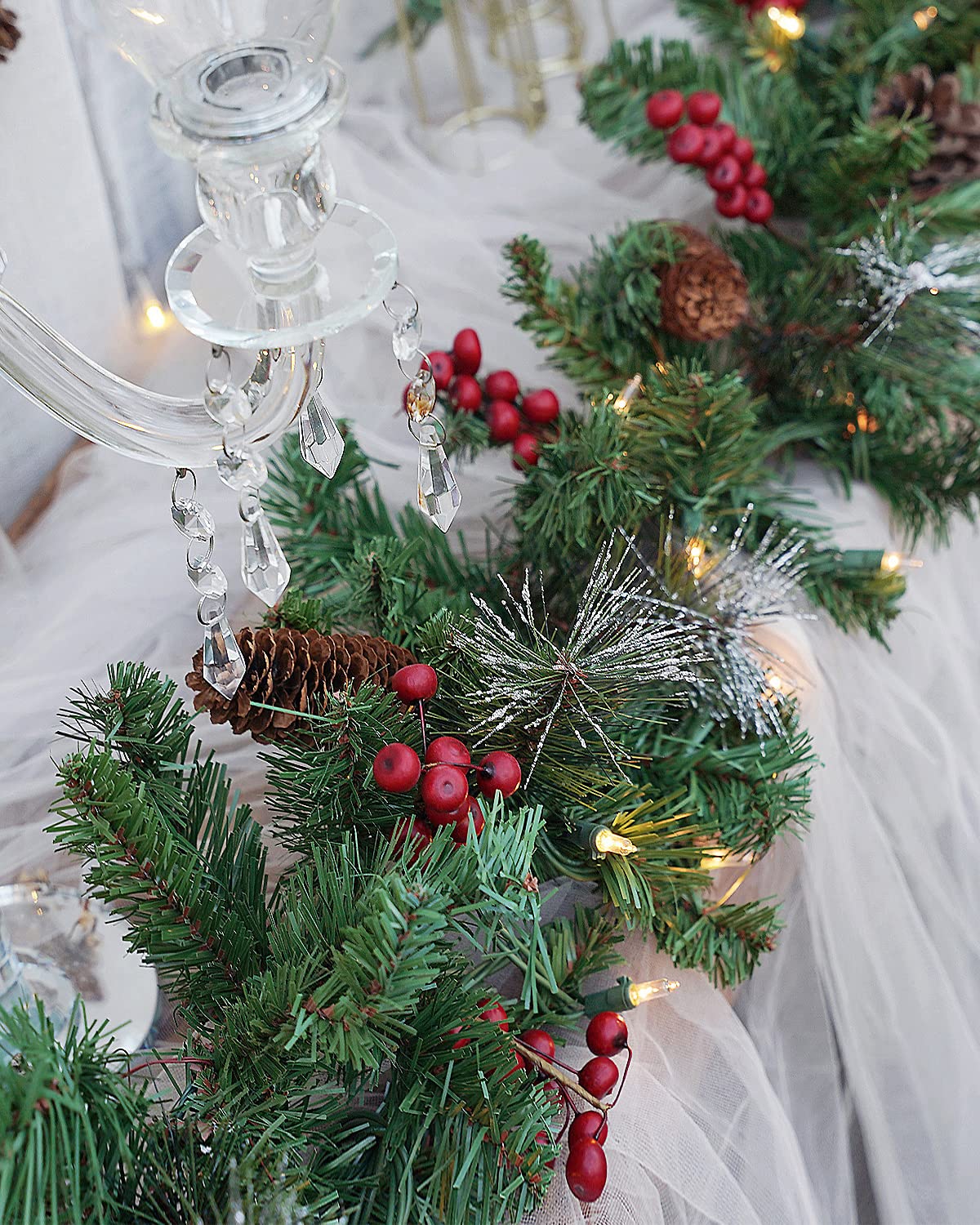 Pre-Lit Artificial Christmas Garland, Green, White Lights 50, Decorated with Pine Cones, Berry Clusters, Plug in, Christmas Decorations, 9 Feet