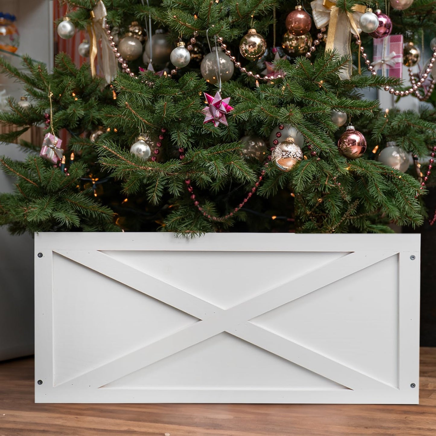 Christmas Tree Collar Box, 26" L White Wooden Tree Collar, Christmas Tree Stand Cover, Tree Skirt Box for Below 9ft Christmas Tree Decoration