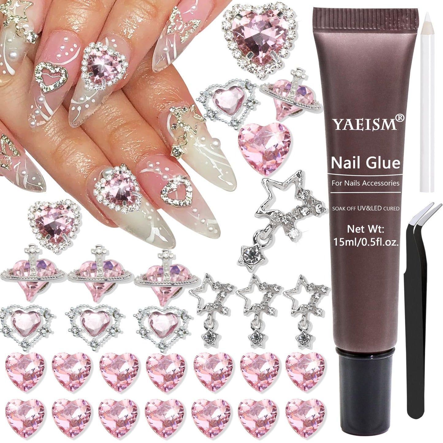 YAEISM 30PCS Nail Art Charms Kits Crystal Heart Nail Charms Pink Valentines Nail Charms 3D Star Nail Charm Shiny Flatback Diamond Nail Rhinestones with Nail Glue+Picker Pencil+Tweezer for Women