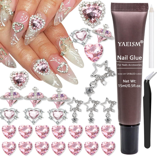 YAEISM 30PCS Nail Art Charms Kits Crystal Heart Nail Charms Pink Valentines Nail Charms 3D Star Nail Charm Shiny Flatback Diamond Nail Rhinestones with Nail Glue+Picker Pencil+Tweezer for Women