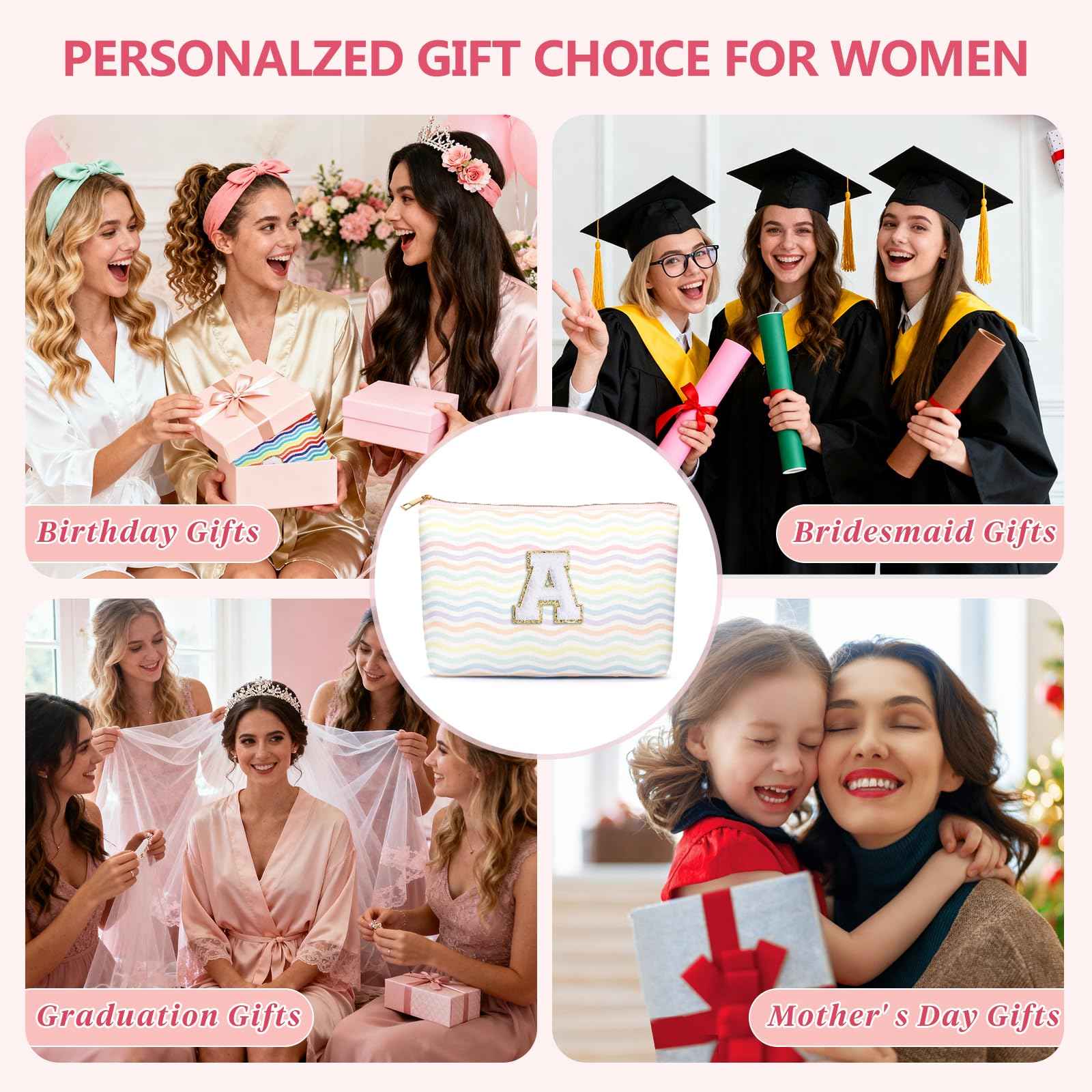 MaqSacion 2 Pieces Monogram Makeup Travel Bag for Teen Girl Gifts,Cosmetic Pouch for Girls,Initial Travel Toiletry Bag for Women,Custom Make up Organizer,Personalized Trendy Stuff - Light Rainbow A