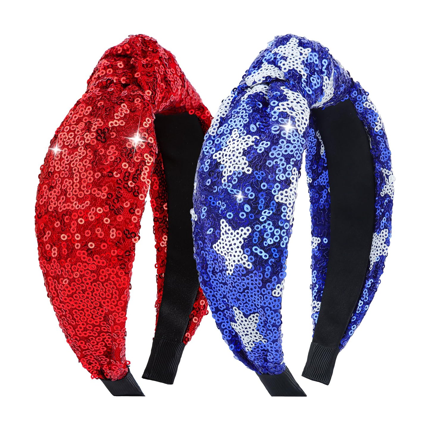 Lanmerry 4th of July Sequin Knotted Headbands for Women Red and Blue Hairband Patriotic Sparkly Thick Headbands Glitter Hair Accessories Girls Fashion Gifts