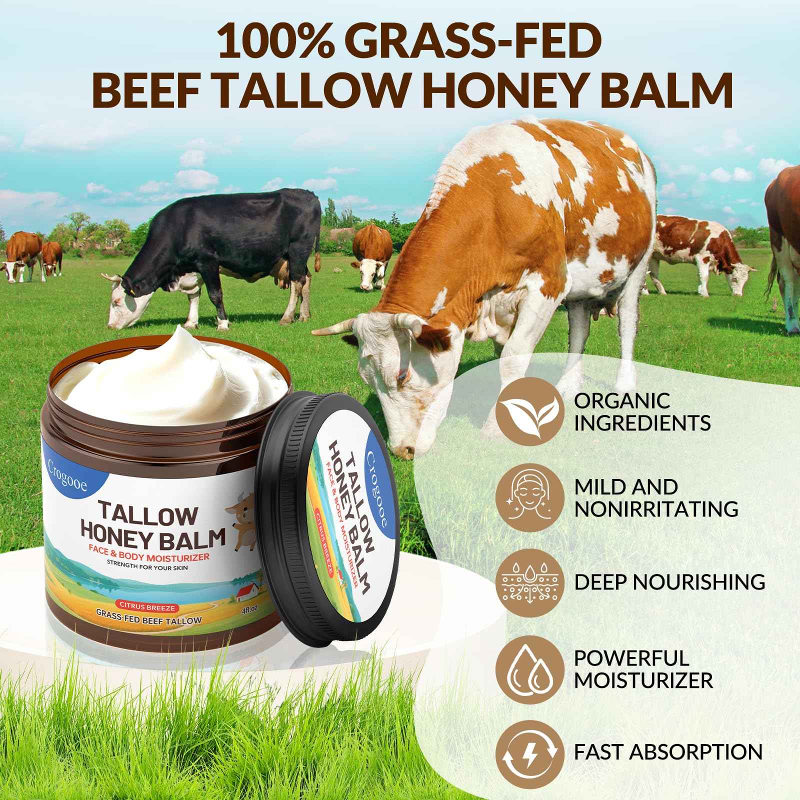 Beef Talow for Skin - 100% Grass Fed - Whipped Tallow and Honey Balm，Moisturizer Cream for Face & Body -Natural Organic Formula for Dry & Sensitive Skin (Citrus Breeze) (4 oz)