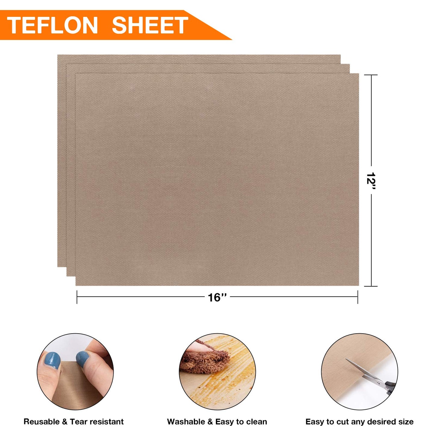 3 Pack PTFE Teflon Sheet for Heat Press - 16" x 12" Non Stick Teflon Sheets Heat Transfer Paper Washable Reusable Heat Resistant Baking Sheets Craft Mat