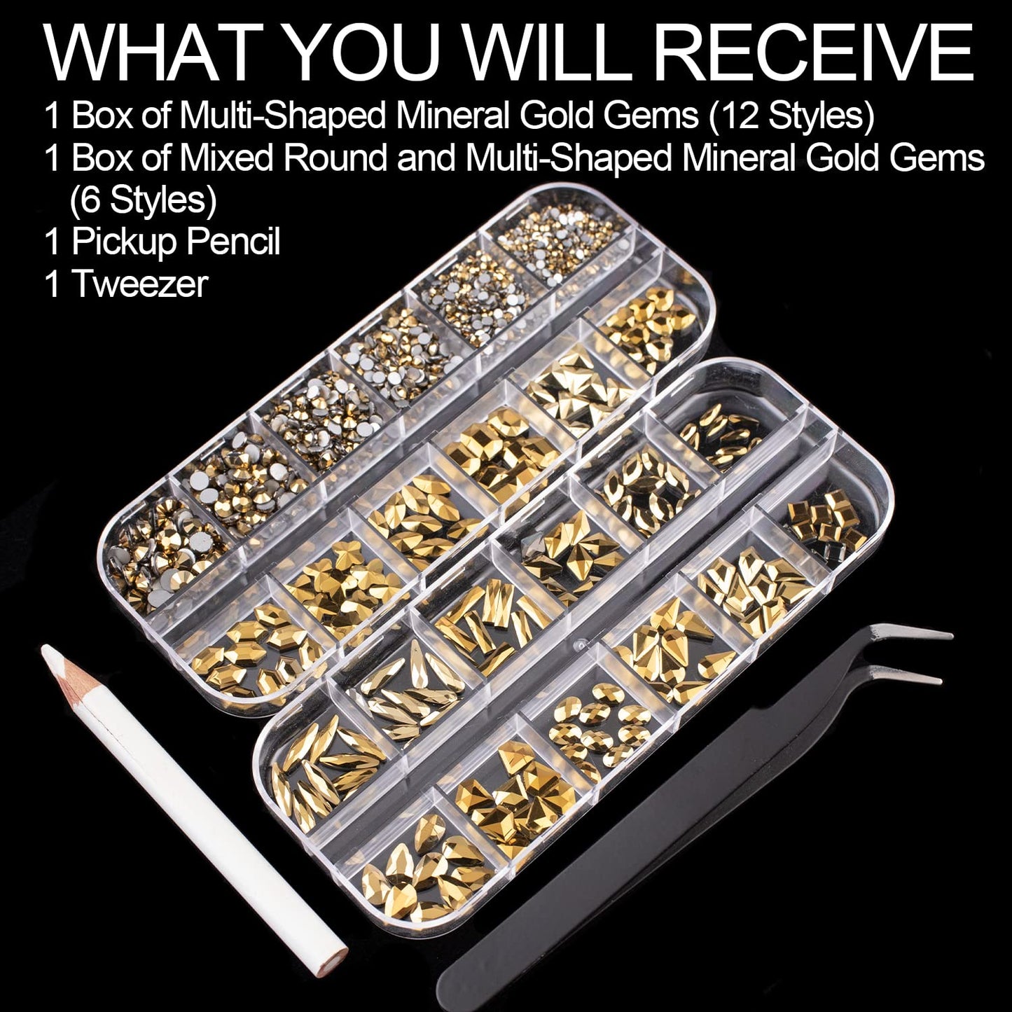 18 Styles Multi-Shaped Glass Gemstones for Nails and 6 Sizes Round Crystal Rhinestones Kit #9, Mineral Gold Nail Art Charm Bead Manicure Decoration with Pickup Pencil and Tweezer