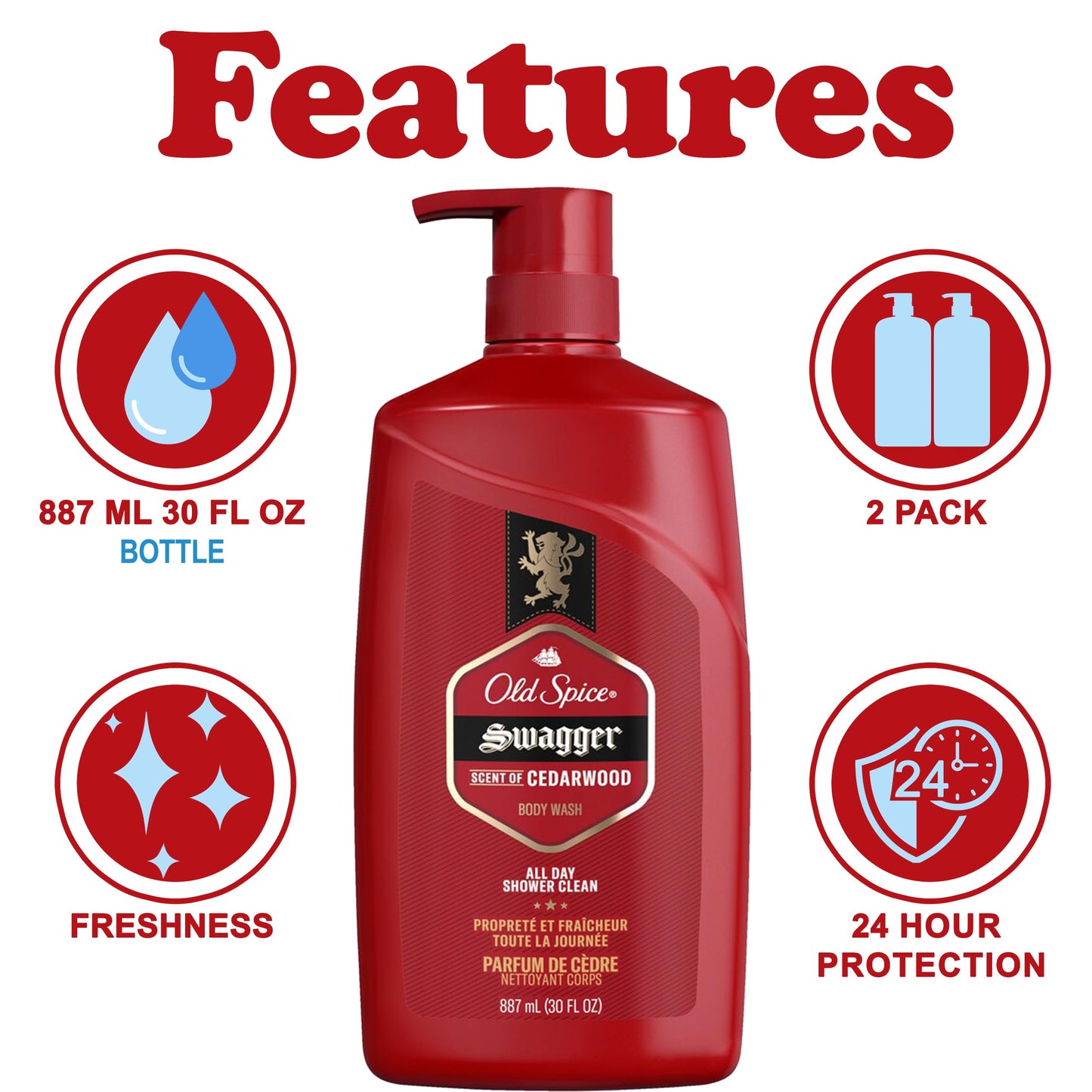 Old Spice Swagger Body Wash, 2 Pack, Extra Large Man Sized Shower Gel for Men, Red Collection Cedarwood Fresh Scent, 30 oz. Each