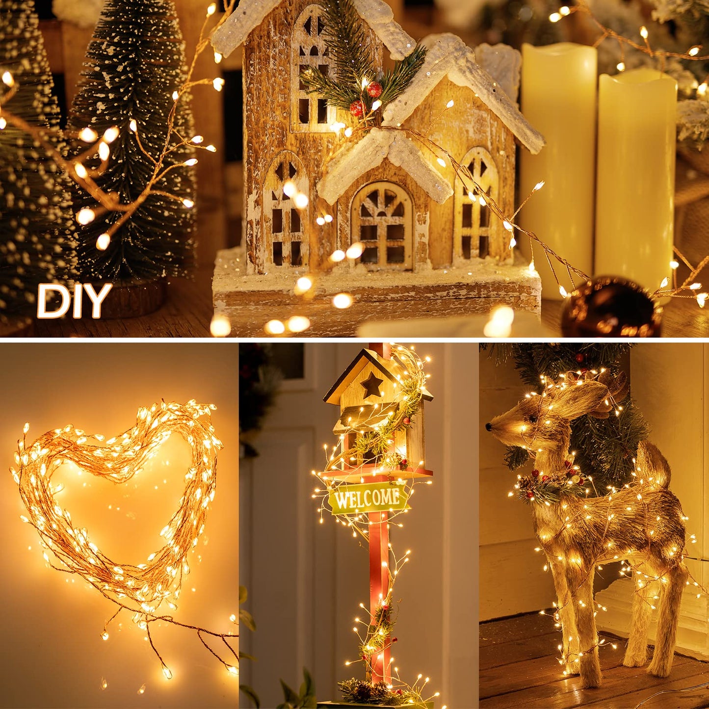 2Pcs Fairy Lights Plug in, 10Ft 200LED Copper Wire Firecracker Firefly Lights Waterproof Cluster String Lights for Ceiling Bedroom Wreath Window Wedding Christmas Tree Decor, Warm White (No Remote)