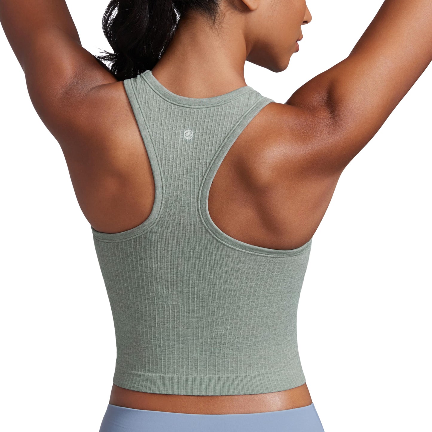 CRZ YOGA Womens Seamless Ribbed Longline High Neck Sports Bra - Racerback Padded Slim Fit Crop Tank Top with Built in Bra Dark Green Heather XX-Small