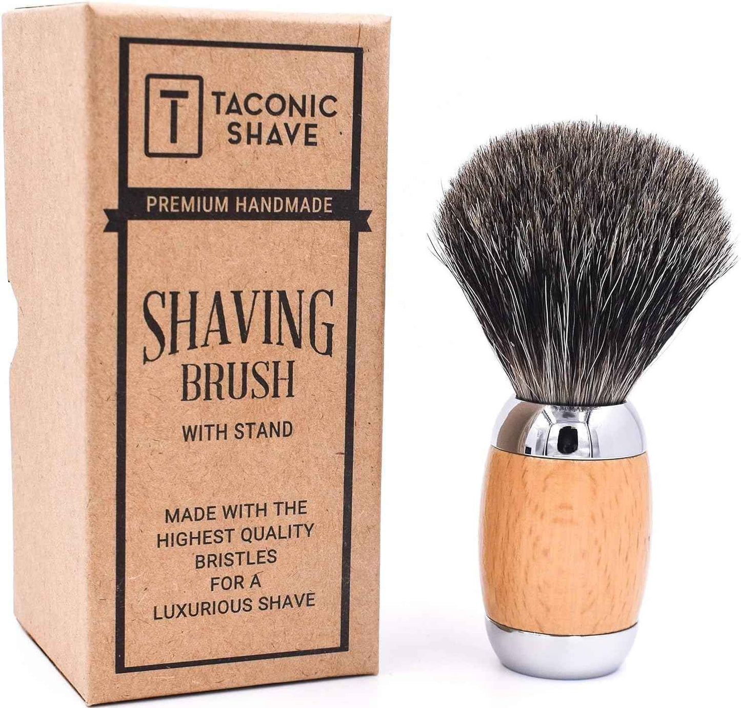 Taconic Shave 100% Mixed Badger Shaving Brush – Extra-Dense 22 mm Knot for Rich Lather, Beechwood & Chrome Ergonomic Handle + Lucite Stand Included
