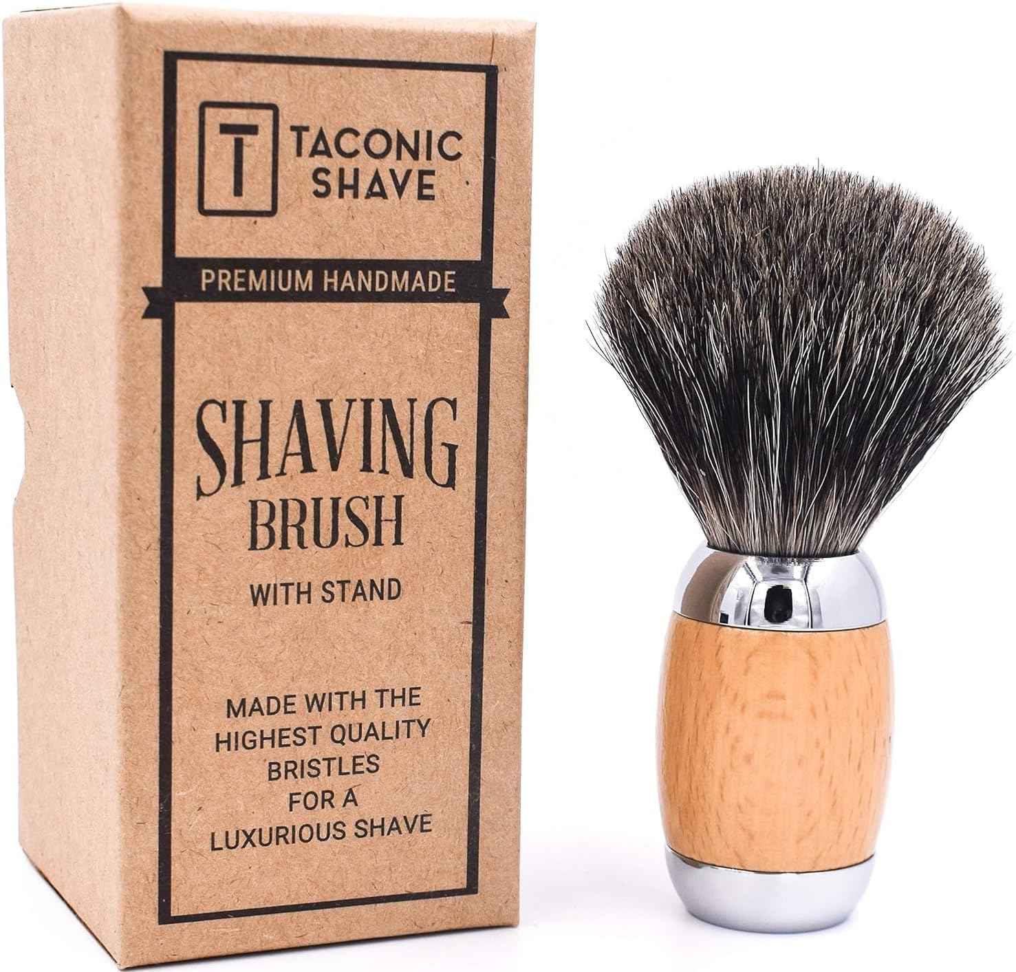 Taconic Shave 100% Mixed Badger Shaving Brush – Extra-Dense 22 mm Knot for Rich Lather, Beechwood & Chrome Ergonomic Handle + Lucite Stand Included