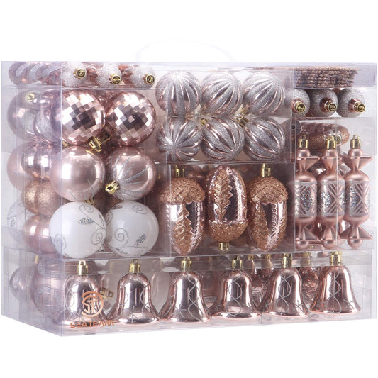 Sea Team 155-Pack Assorted Shatterproof Christmas Ball Ornaments Set Decorative Baubles Pendants with Reusable Hand-held Gift Package for Xmas Tree (Rose Gold)