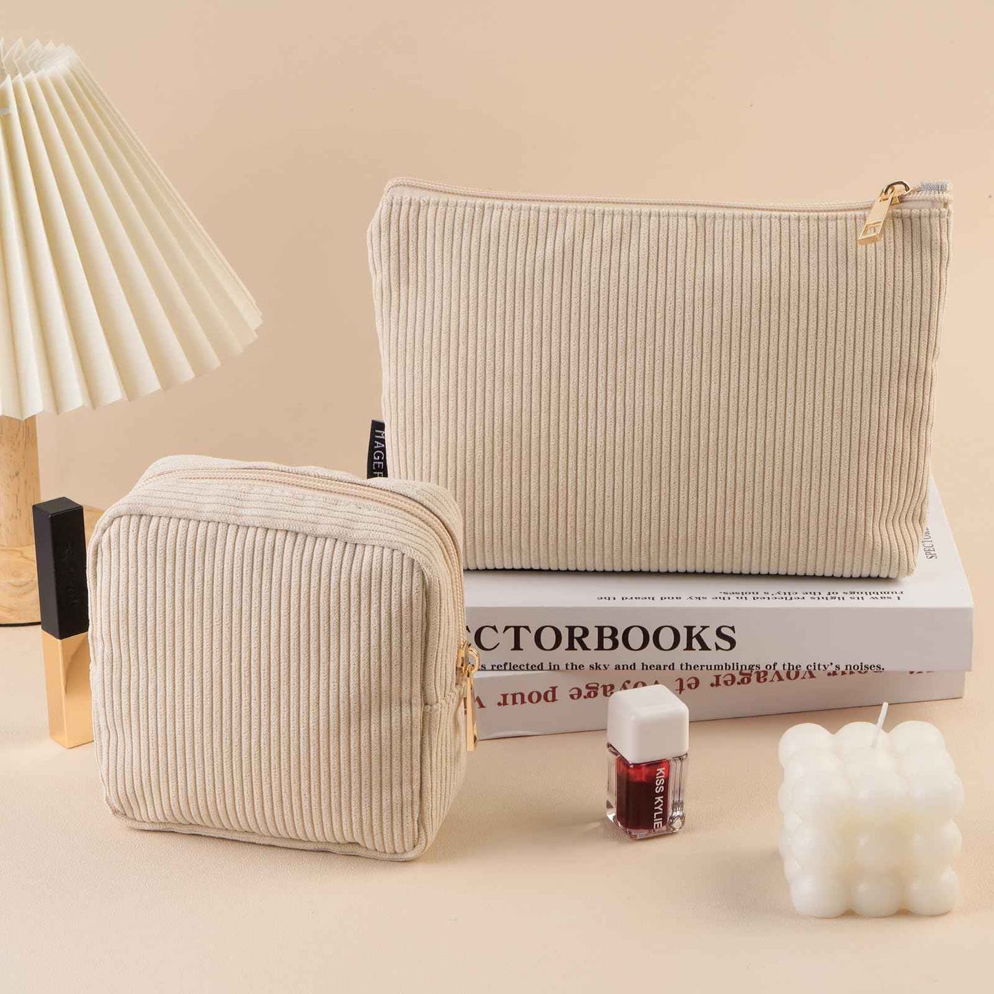 MAGEFY Small Makeup Bag, 2 Pcs Corduroy Makeup Bag for Purse Make Up Organizer Bag Mini Pouch with Slip-in Pockets Aesthetic Preppy Stuff - Beige