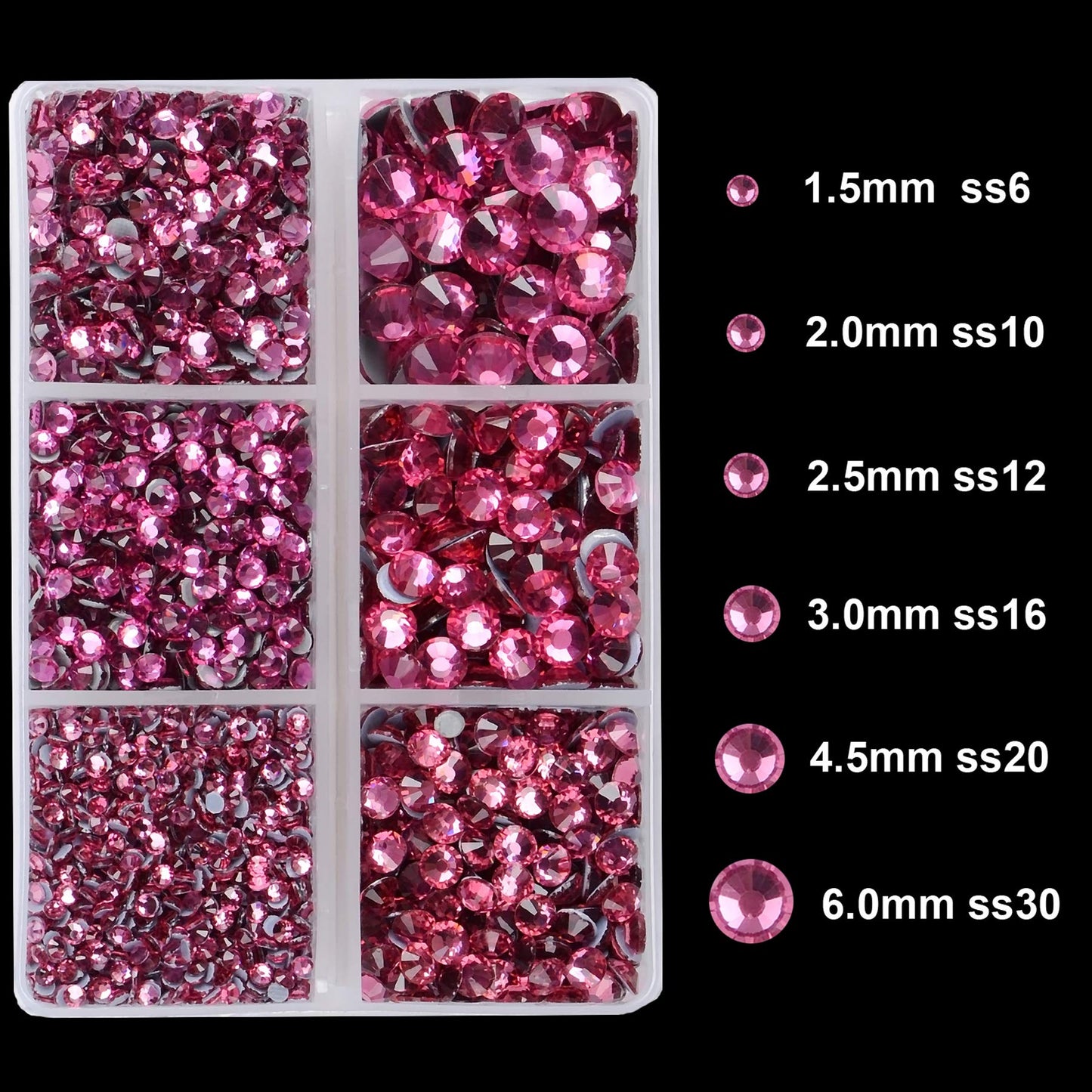 4000Pcs Mixed Size Hot Fix Round Crystals Gems Glass Stones Hotfix Flat Back Rhinestones (Fuchsia)