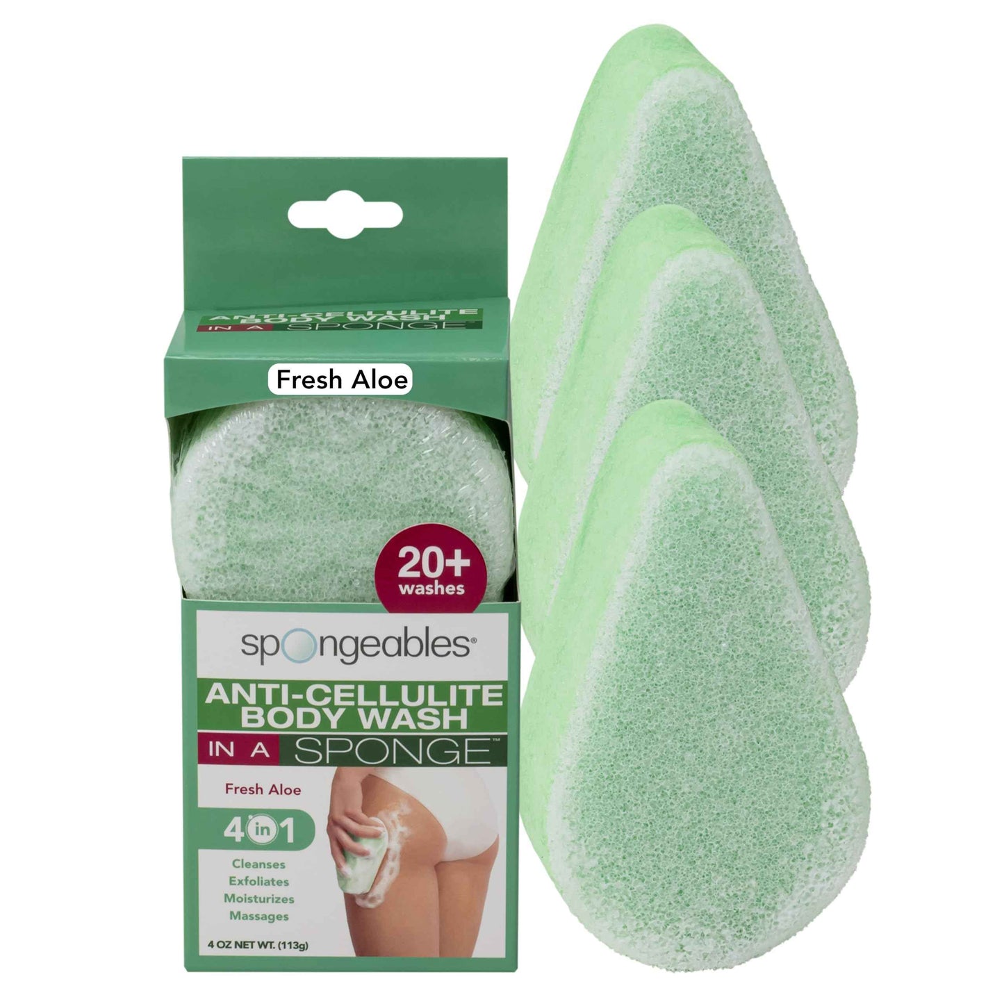 Spongeables Anti Cellulite Body Wash in a 20+ Wash Sponge, Fresh Aloe, 3 Count