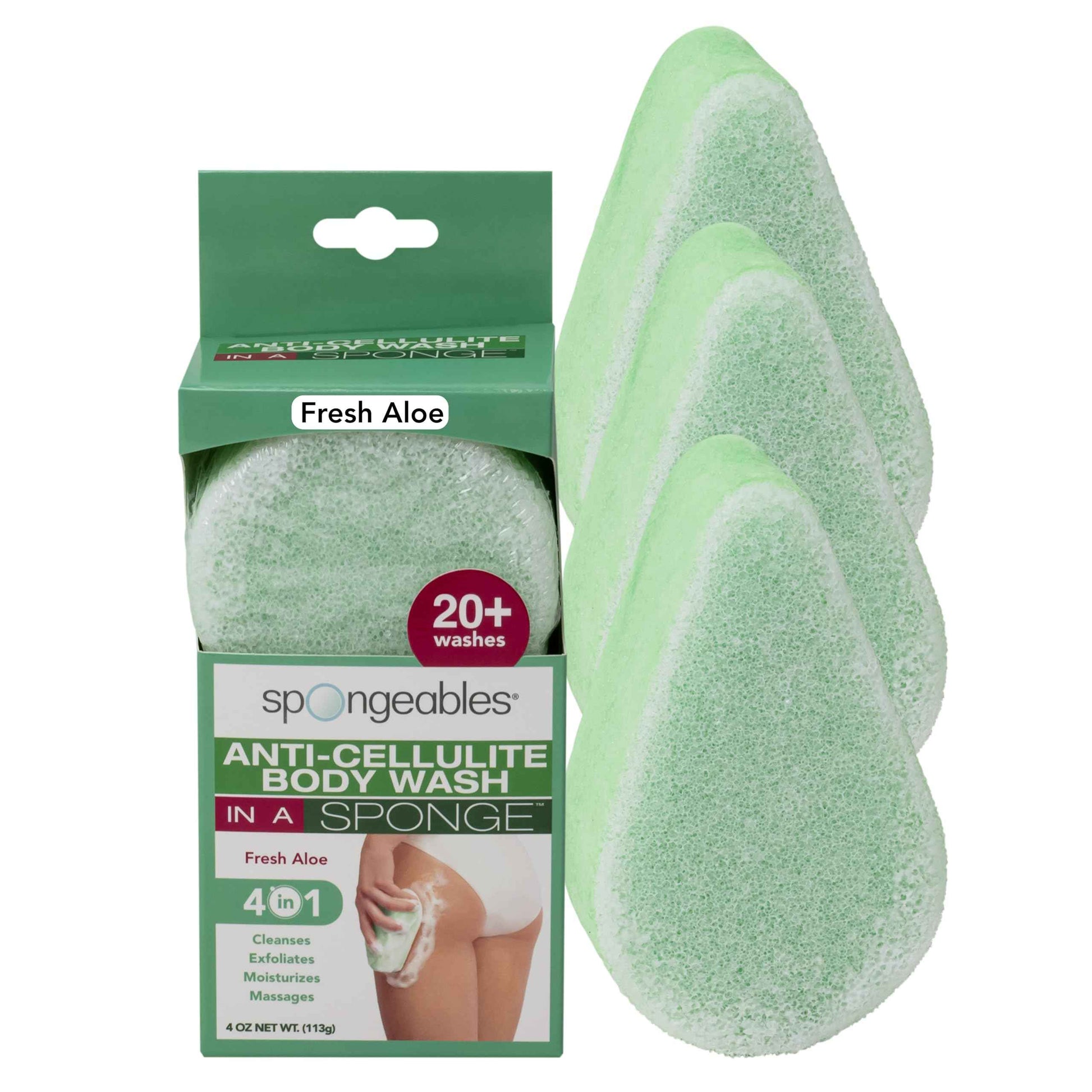 Spongeables Anti Cellulite Body Wash in a 20+ Wash Sponge, Fresh Aloe, 3 Count