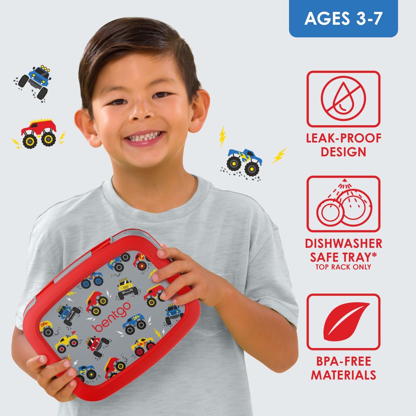 Bentgo Kids Prints Leak-Proof, 5-Compartment Bento-Style Kids Lunch Box - Ideal Portion Sizes for Ages 3-7, Durable, Drop-Proof, Dishwasher Safe, & Made with BPA-Free Materials (Trucks)