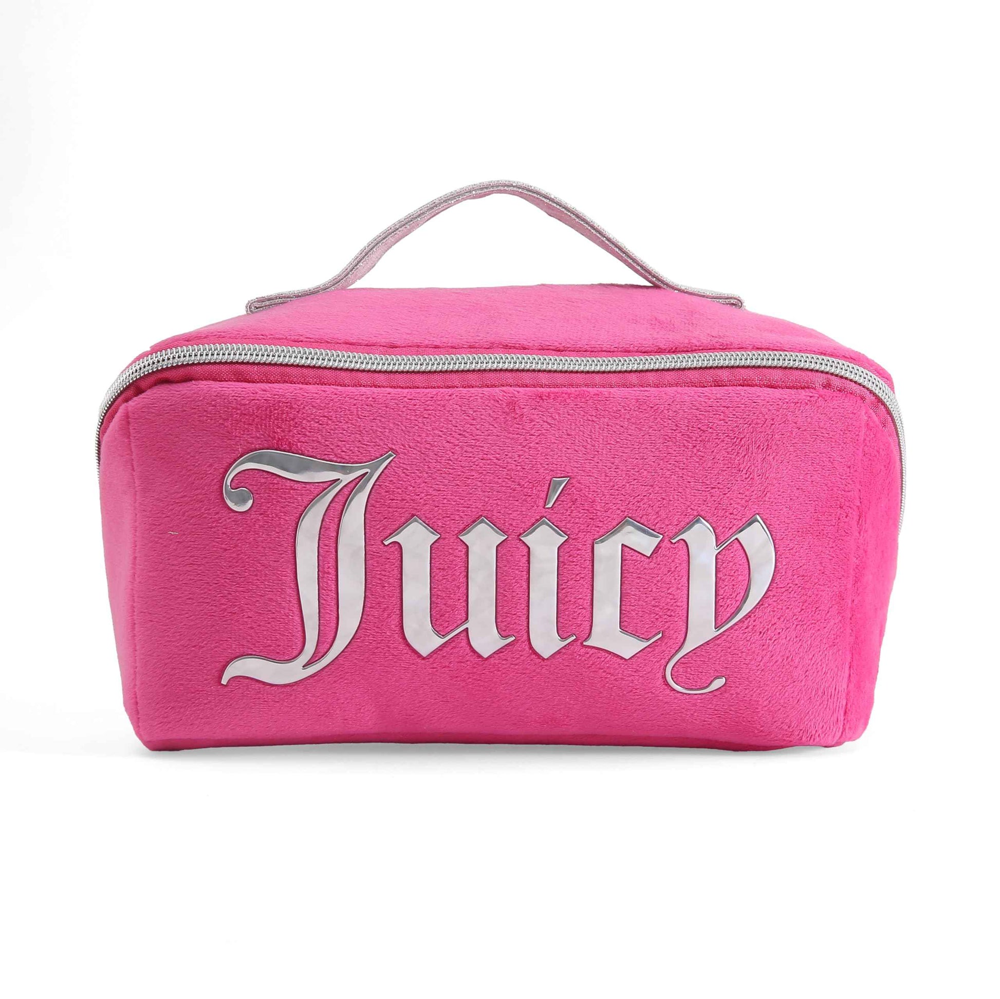 Juicy Couture Hot Pink Makeup Bag Cosmetics Organizer Travel Essentials Diagonal Loaf Velour Large Logo