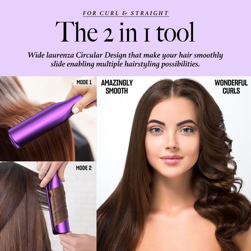 Laurenza 2-in-1 Hair Straightener & Curler, 8.5" Extra-Large Ceramic Iron with 20M Anions (Purple)