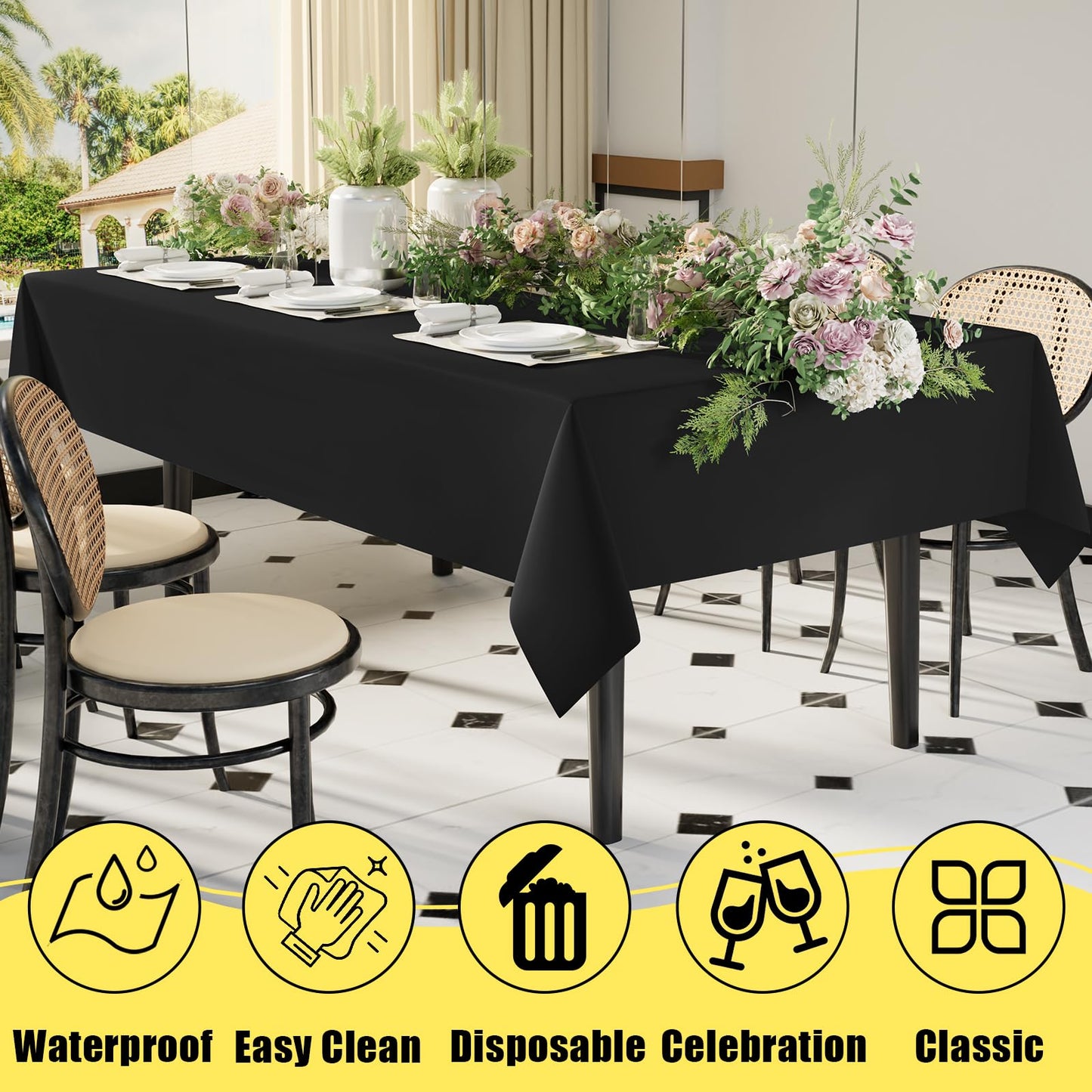 Smiry Disposable Table Cloth - 6 Pack, 54 x 108 Inch Table Cloths for Parties, Decorative Tablecloths for Rectangle Tables, Waterproof Plastic Table Cover, Leakproof & Sturdy, Black