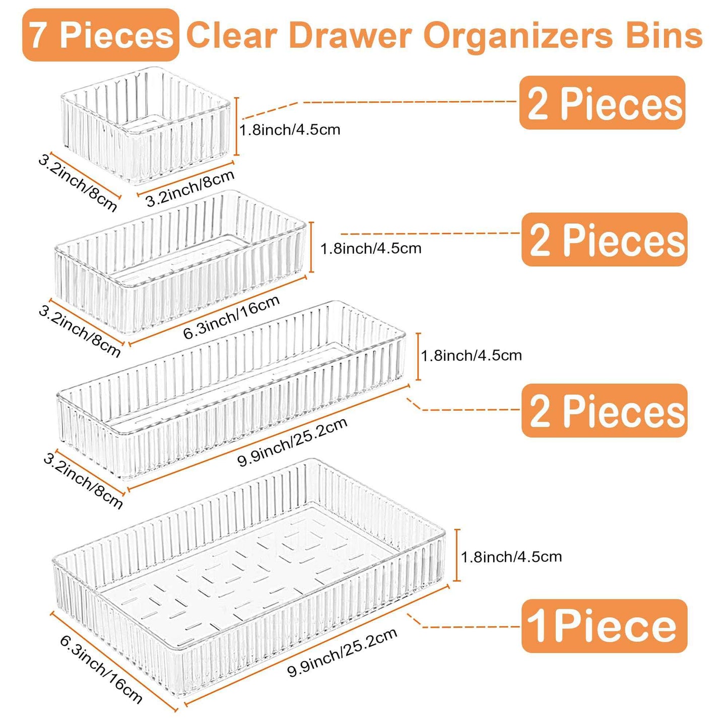 Adoco 7 PCS Clear Drawer Organizers Bins, 4-Size Stackable Makeup Vanity Drawer Organizer Trays, Acrylic Bathroom Drawer Organizer Storage Containers for Cosmetic,Office Supply