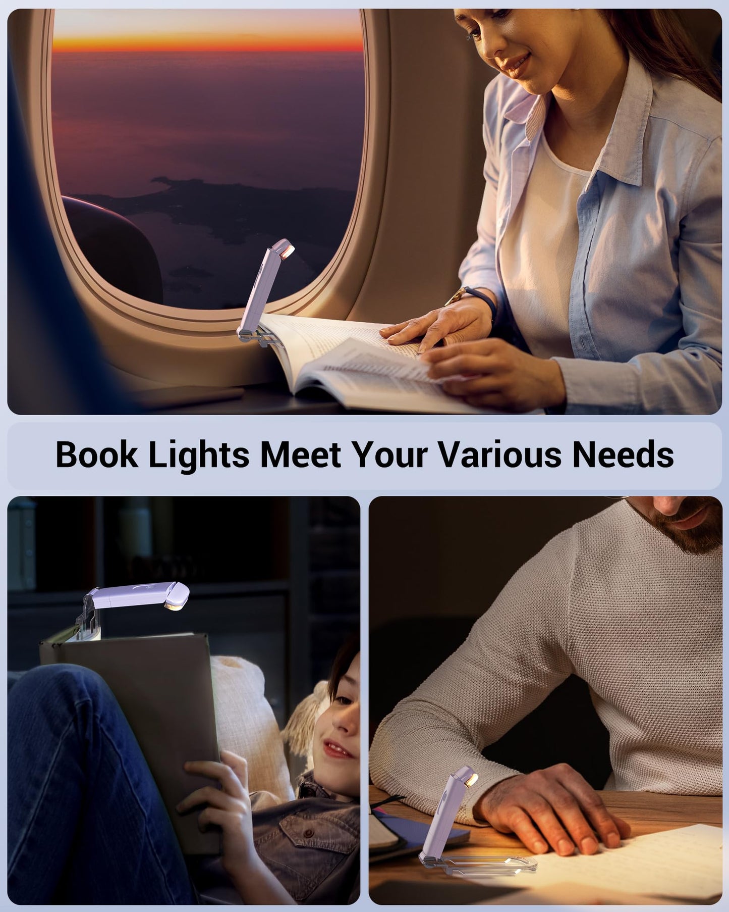 DEWENWILS USB Rechargeable Book Light for Reading in Bed, Clip-on LED Reading Lamps Portable Bookmark Lights for Kids, Book Lovers, Warm White, Brightness Adjustable for Eye Protection (Purple)