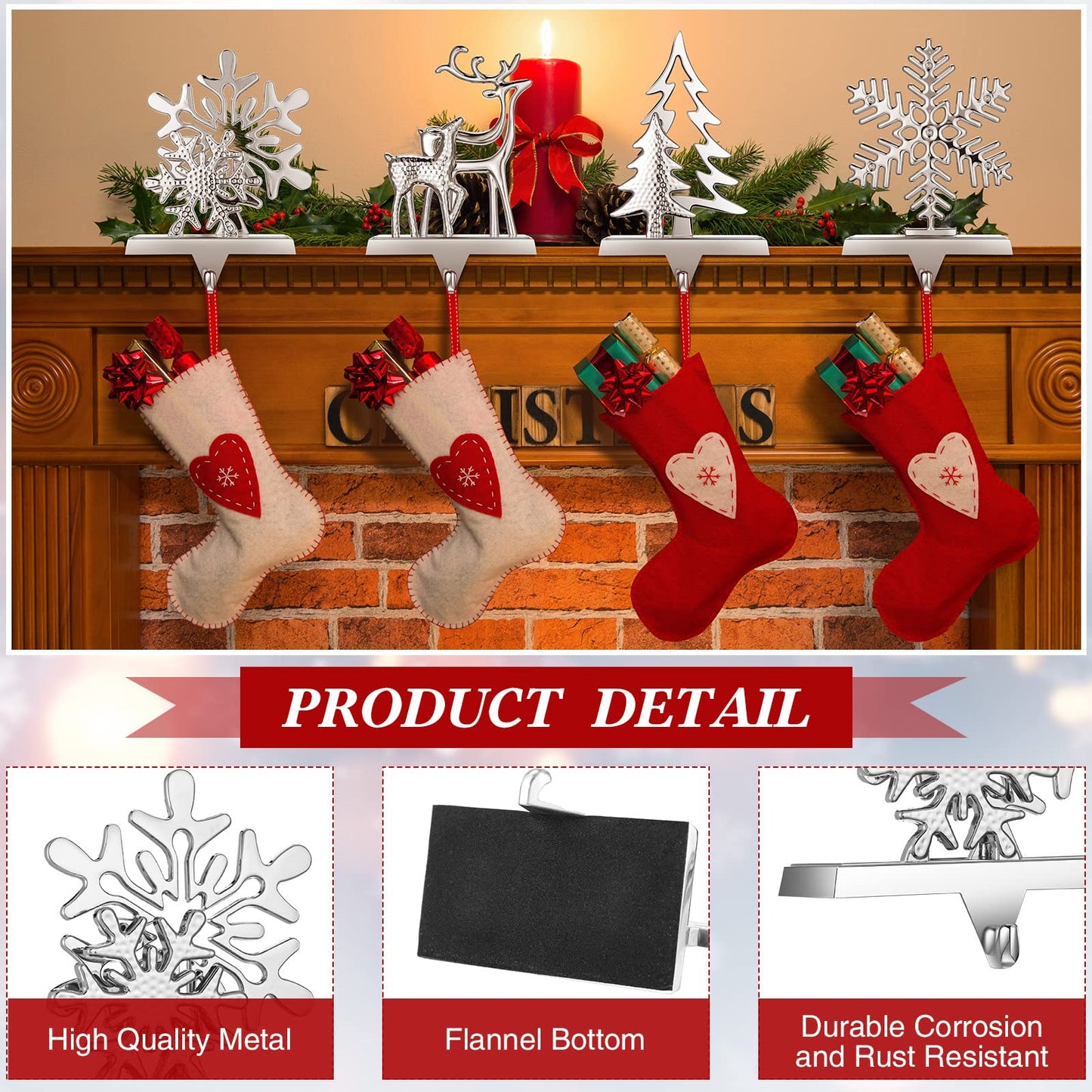 6 Pieces Snowflake Stocking Holder Christmas Stocking Holders Elk Santa Claus Silver Metal Stocking Hanger Mantle Hooks for Mantel Fireplace Christmas Party and Home Decoration (Snowman)