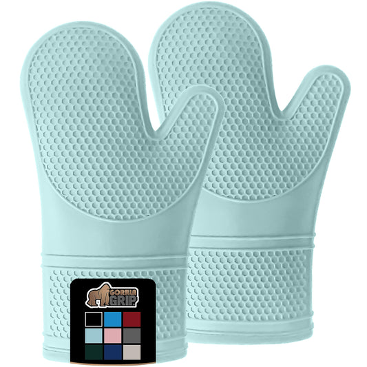 Gorilla Grip Heat and Slip Resistant Silicone Oven Mitts Set, Soft Cotton Lining, Waterproof, BPA-Free, Long Flexible Thick Gloves for Cooking, BBQ, Kitchen Mitt Potholders, 12.5 in, Mint