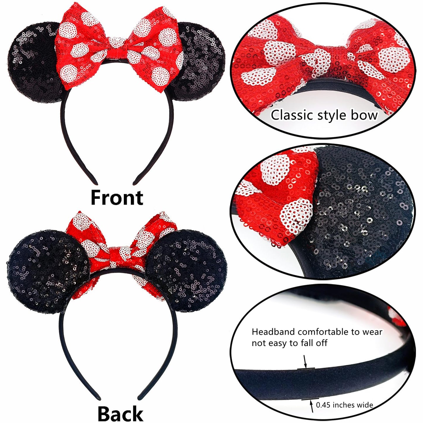 TUTKIMUS Mouse Ears for Women Girls, Classic Sequin Headbands Suitable Amusement Park Trips Cosplay Costume Princess Decoration Party Favors Gift